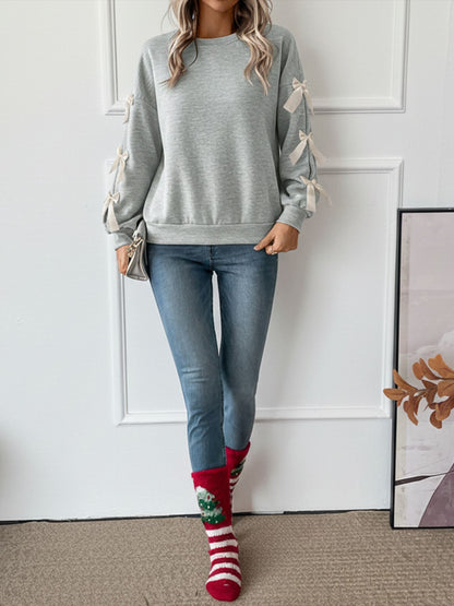 Bow Sleeve Round Neck Long Sleeve Sweatshirt
