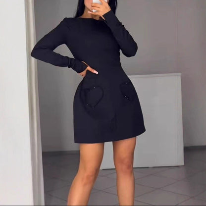 Black Long Sleeve A-Line Mini Dress Beaded Heart Pockets