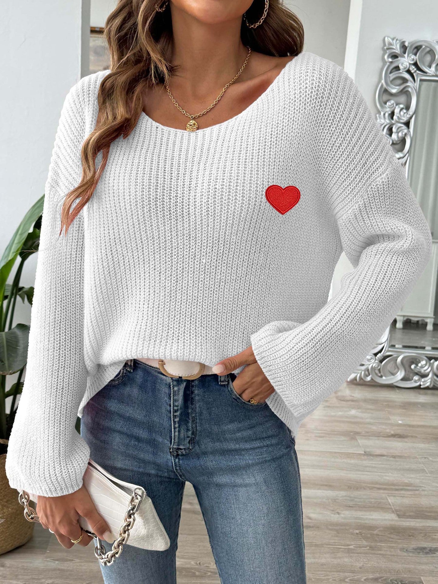 Women's loose one-word collar off-the-shoulder horn sleeve love embroidered sweater