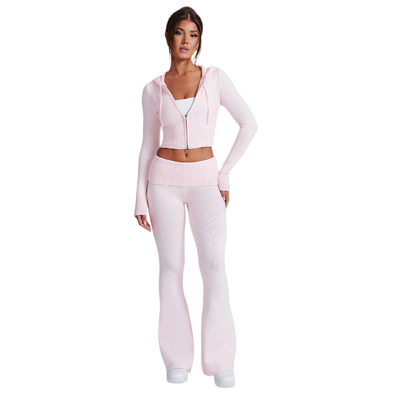 Women's 2 Piece Knit Hoodie Crop Top Pants Set