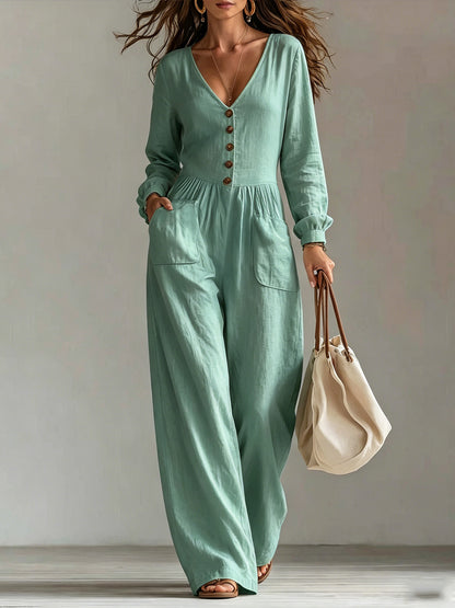Women's V-Neck Wide Leg Jumpsuit Long Sleeve Pockets