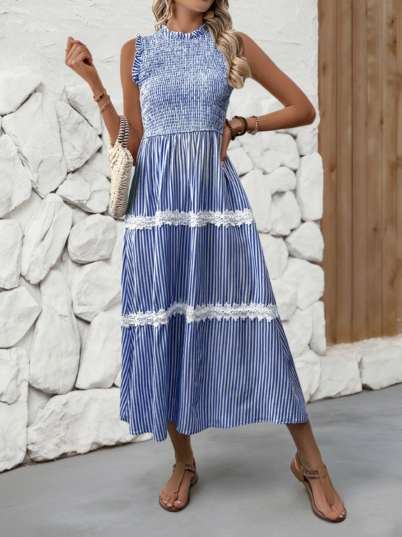 Sleeveless Striped Lace Midi Dress Ruffled A-Line Summer