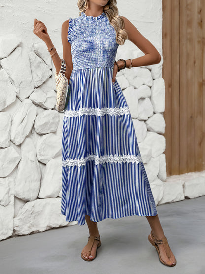 Sleeveless Striped Lace Midi Dress Ruffled A-Line Summer