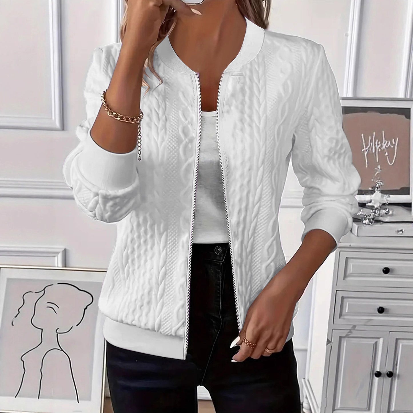 Cable Knit Zip Up Long Sleeve Sweater Jacket