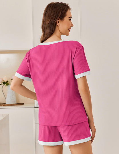 Ribbed Colorblock Lounge Shorts Set Summer Pajama