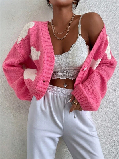 Women's Chunky V Neck Color Block Cropped Cardigan