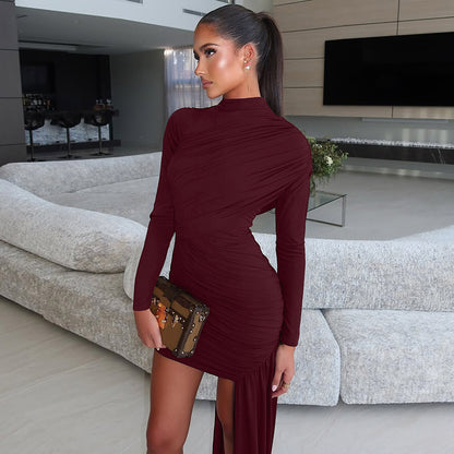 Sexy Ruched Long Sleeve Bodycon Dress Draped Hem