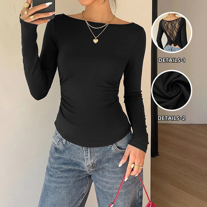 Lace Back Bow Top Boat Neck Long Sleeve Slim Fit