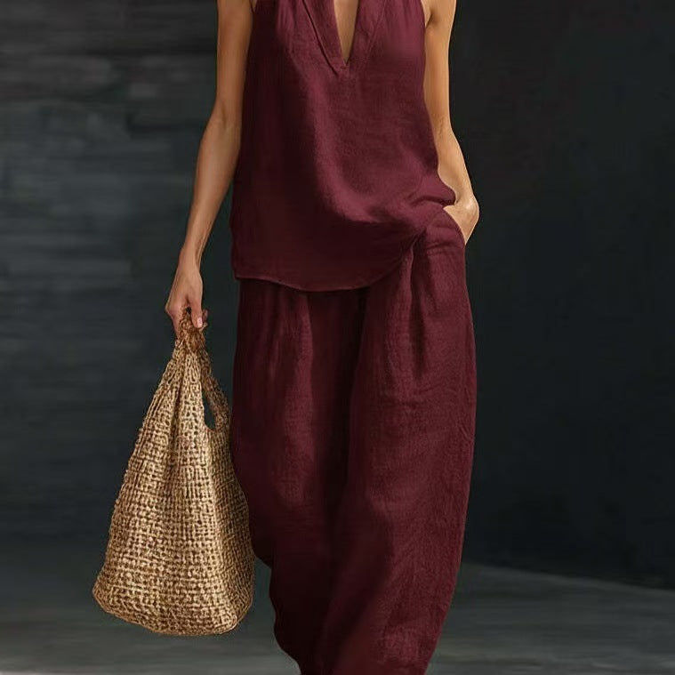 Women's Sleeveless Halter Top Wide Leg Pants Matching Set