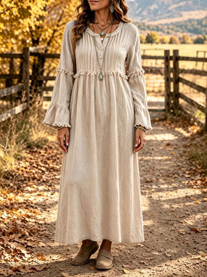 Women's Boho Long Sleeve Ruffle Maxi Dress