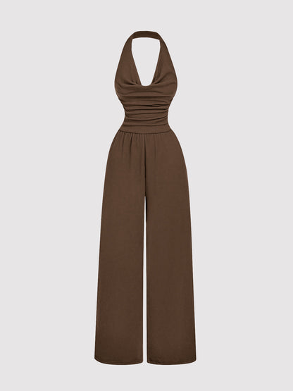 Cowl Neck Backless Wide Leg Jumpsuit Sleeveless Romper