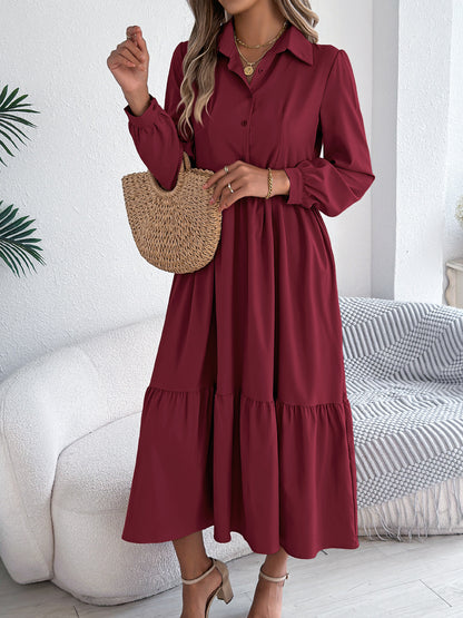 Collared Long Sleeve Tiered Shirt Dress