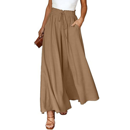High-Waist Wide-Leg Palazzo Pants – Cotton-Linen Blend with Pockets