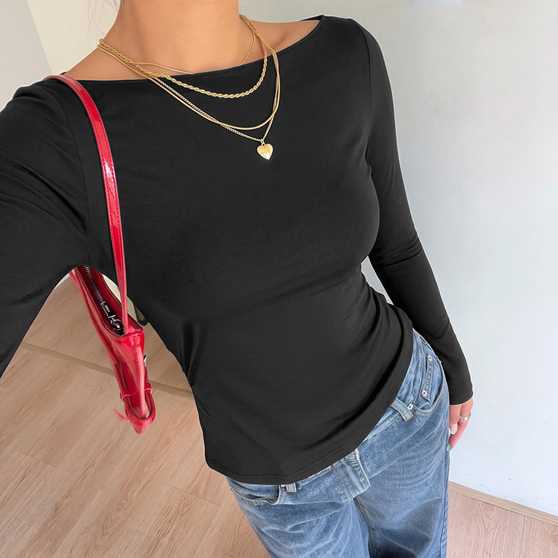 Lace Back Bow Top Boat Neck Long Sleeve Slim Fit