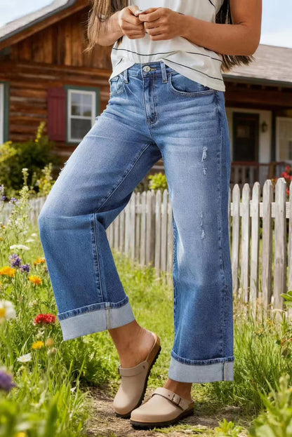 High Rise Cuffed Wide Leg Distressed Jeans