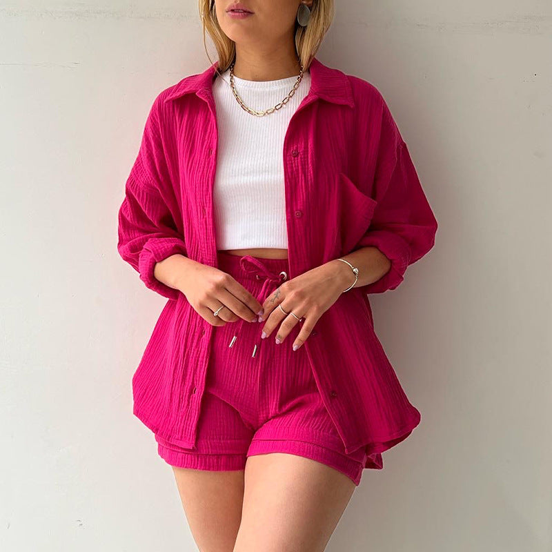 Women's Textured Shirt & Drawstring Shorts Matching Set