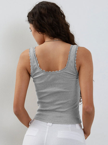 Ribbed Lace Trim Cami Top Slim Fit Cropped Tank