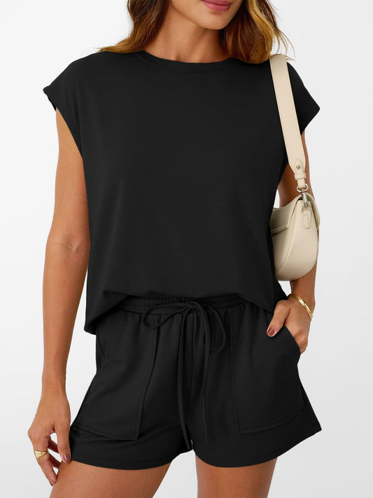 Womens Black Lounge Set Cap Sleeve Top and Shorts