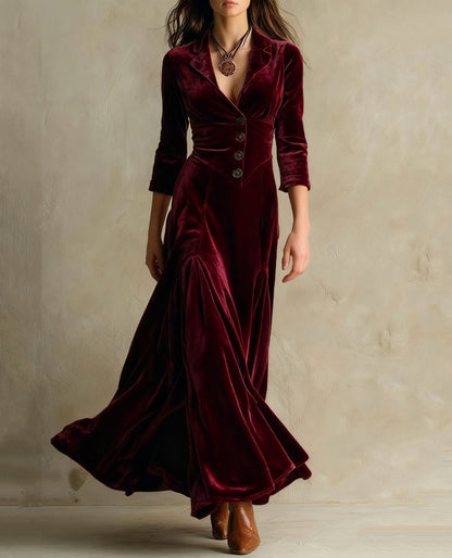 Collared Button Maxi Dress 3/4 Sleeve High Waist Flared
