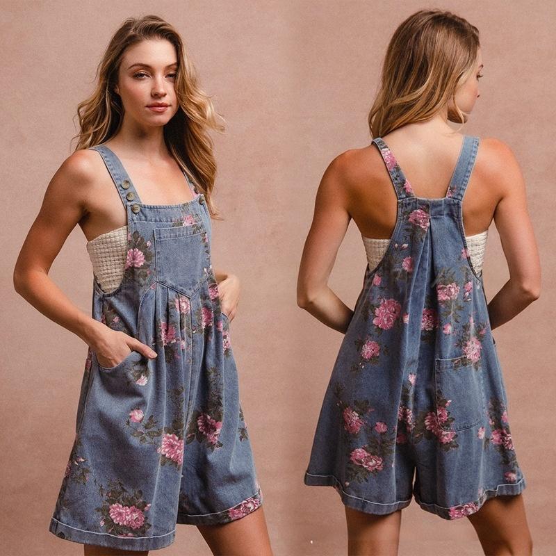 Floral Denim Overall Romper Loose Fit Summer Outfit