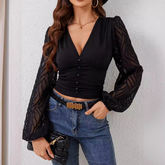 Chiffon Lantern Sleeve V-Neck Pleated Waist Slim Top