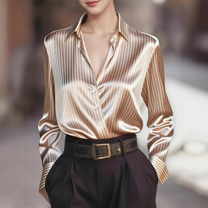 Women's Striped Satin Button Down Blouse Long Sleeve
