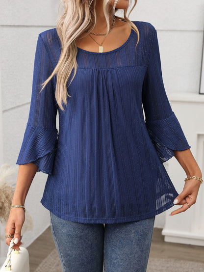 Elegant Round Neck Lotus Leaf Sleeve Mesh Top