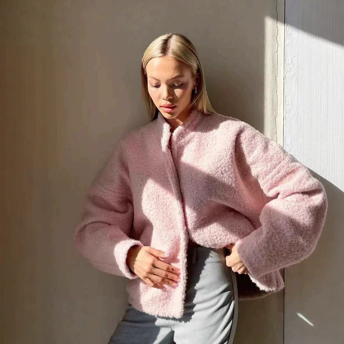 Women's Pink Cropped Sherpa Fleece Jacket Winter Coat