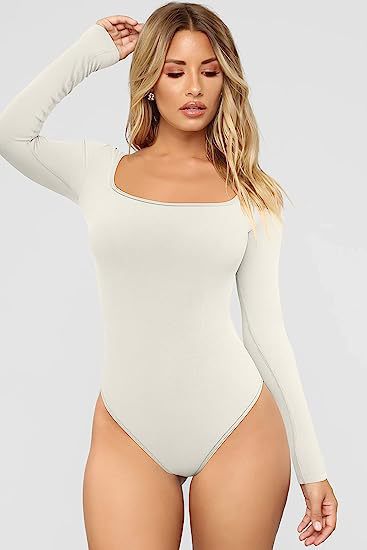 Women's Square Neck Long Sleeve Ribbed Bodysuit
