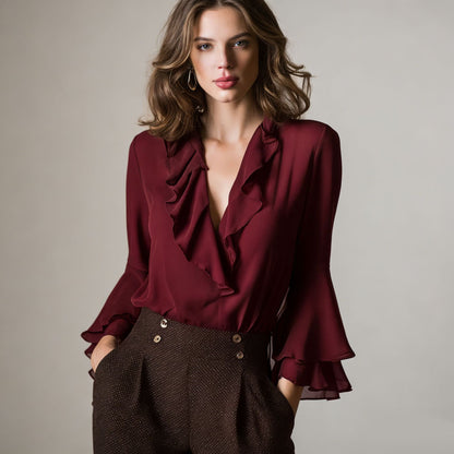 Women's Ruffle V Neck Long Sleeve Blouse