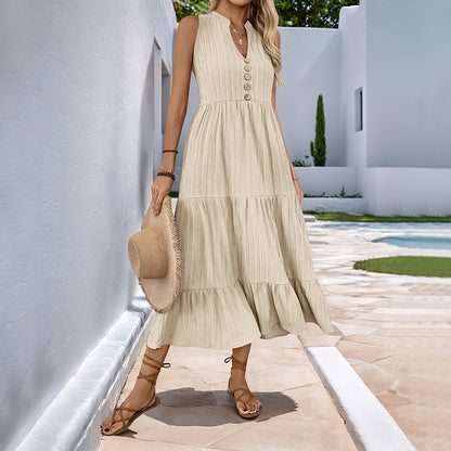 Sleeveless V Neck Button Front Tiered Midi Dress