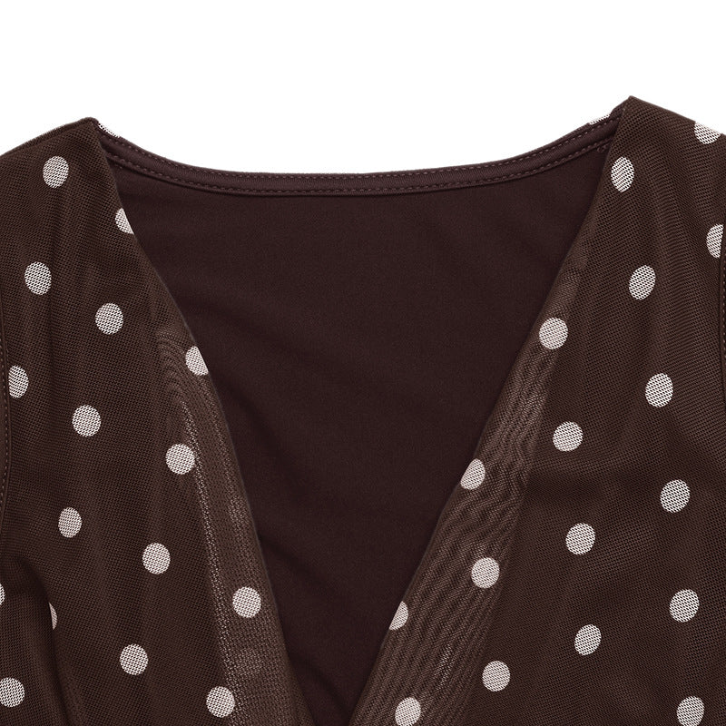 Polka Dot Bodysuit Halter Cowl Neck Slim Fit Top