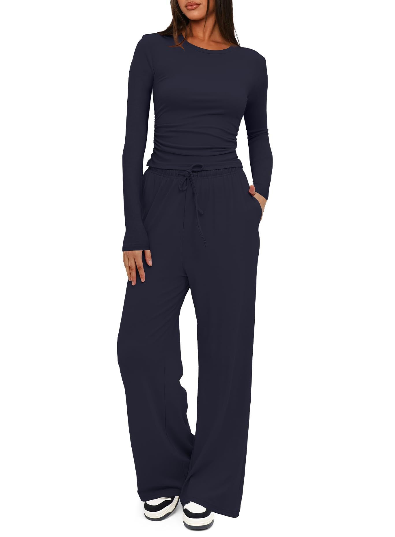 Women's Lounge Set Long Sleeve Ruched Top Wide Leg Pants