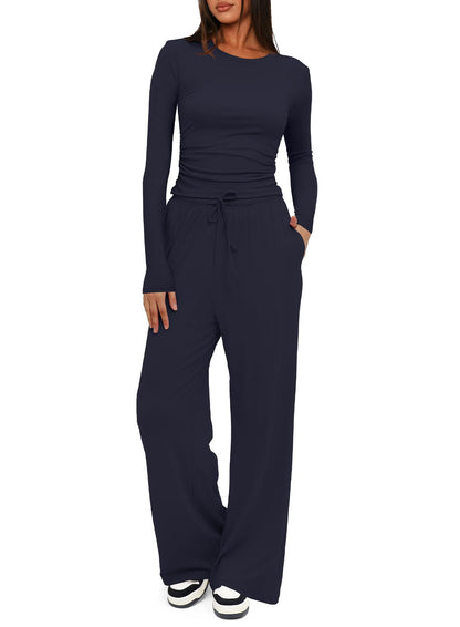 Women's Lounge Set Long Sleeve Ruched Top Wide Leg Pants