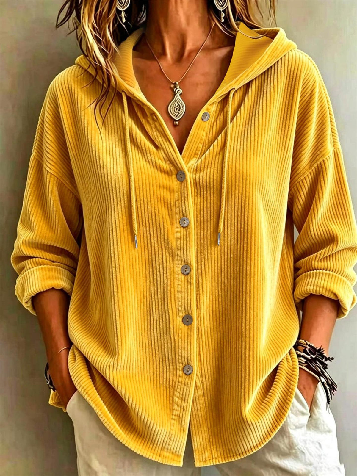 Womens Corduroy Hooded Button Down Shirt Jacket