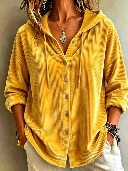 Womens Corduroy Hooded Button Down Shirt Jacket