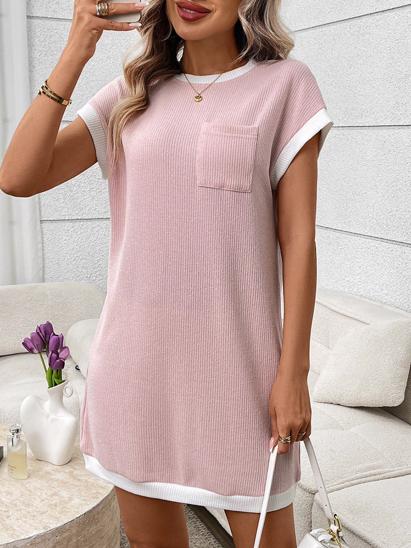 Navy Contrast Trim Pocket T Shirt Dress Casual Shift
