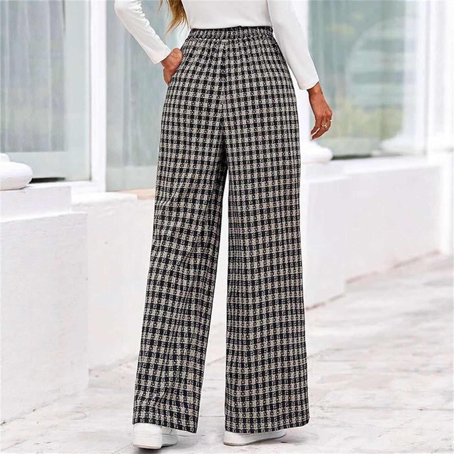 Women Plaid High Waist Wide Leg Pants Elastic Waist