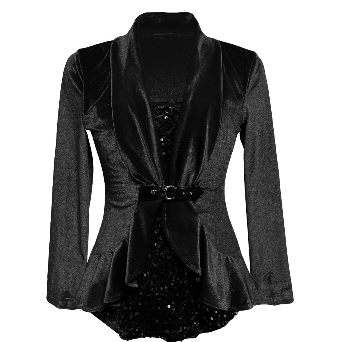 Women's Long Sleeve Velvet Sequin Belted Peplum Top