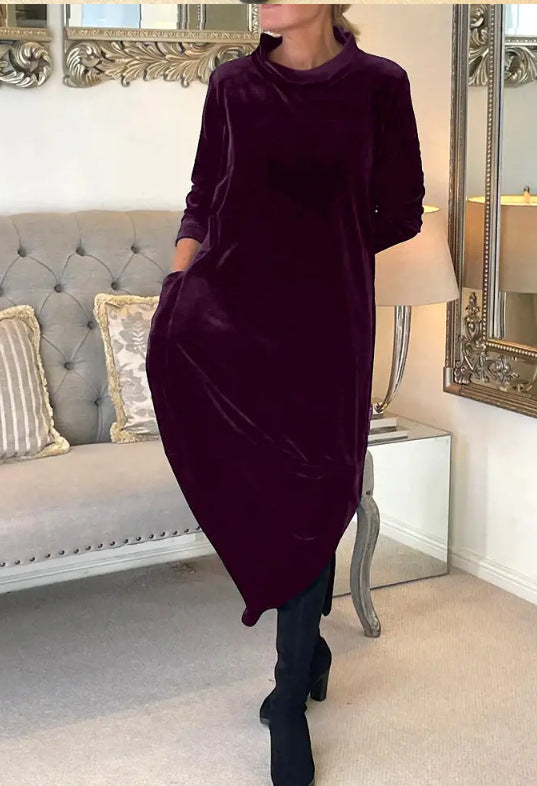 Women's Scarf Neck Velvet Maxi Dress Long Sleeve Pockets