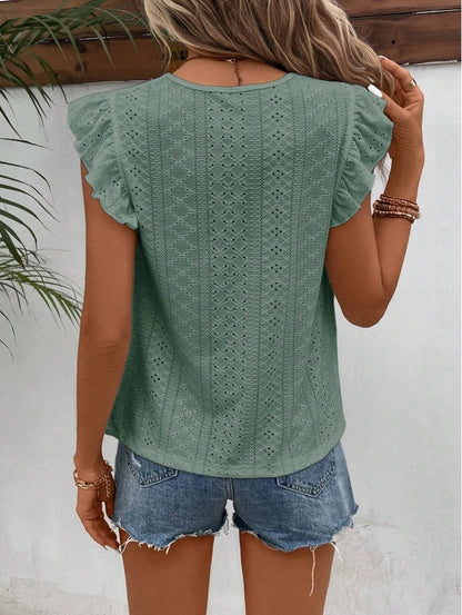 White Eyelet Lace Ruffle Sleeve Summer Blouse Women