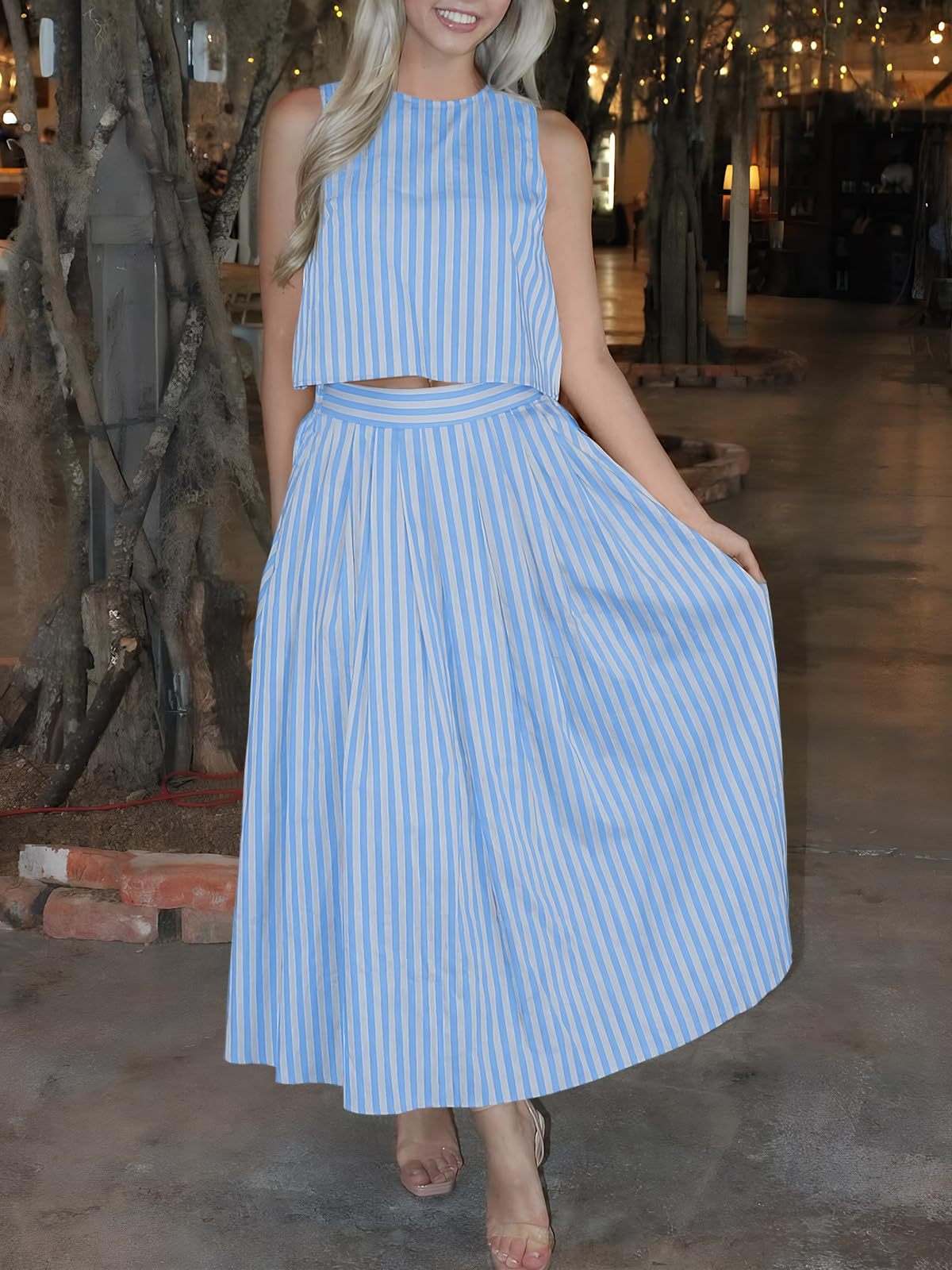 Women's Striped Cotton Tank & Midi Skirt Two-Piece Set