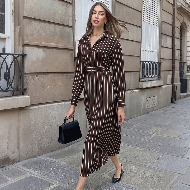 Striped Long Sleeve Belted Shirt Dress Slit Midi