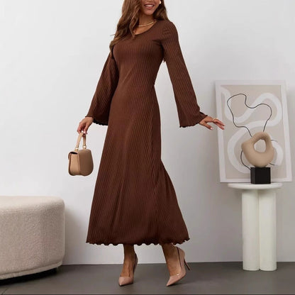 Women's Ribbed U Neck Flare Sleeve Tie Back Maxi Dress
