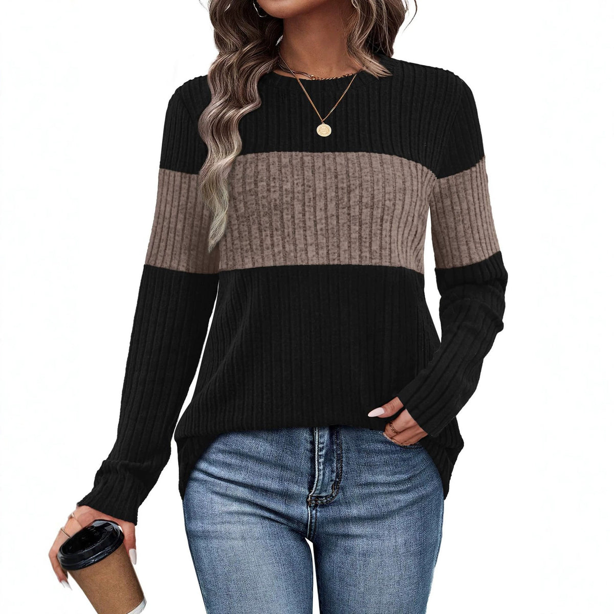 Women's Color Block Ribbed Knit Pullover Sweater