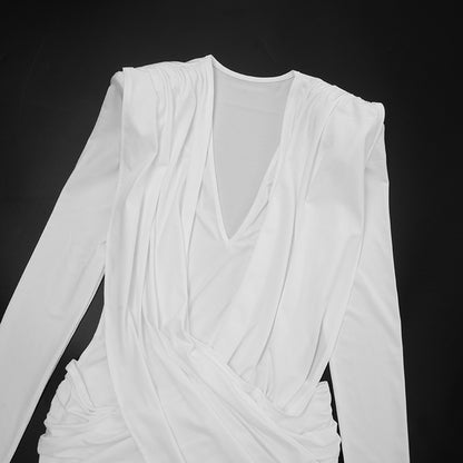 Sexy Deep V Neck Long Sleeve Ruched Bodycon Mini Dress