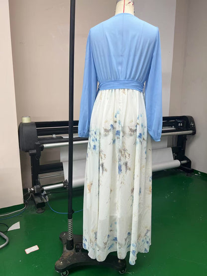 Floral Chiffon Maxi Dress Long Sleeve V-Neck Belted