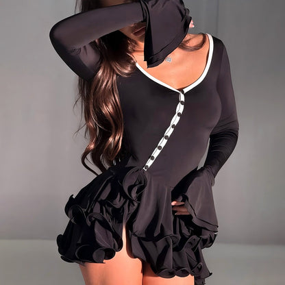 Women's Sexy V Neck Bell Sleeve Ruffle Mini Dress