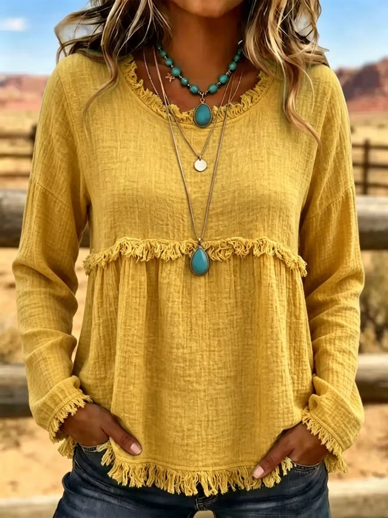 Boho Fringe Textured Long Sleeve Blouse