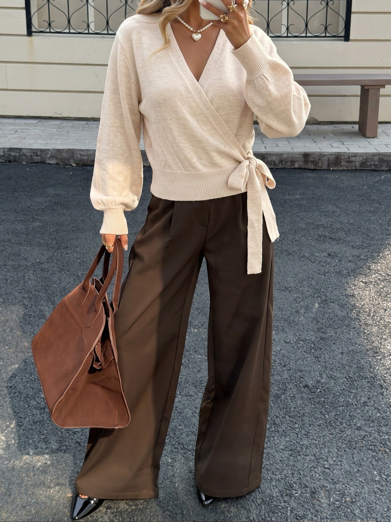 Women's V-Neck Wrap Tie Waist Cropped Sweater